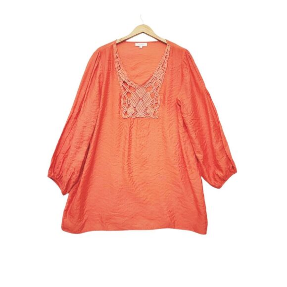 Umgee + Tunic Sz 1X Coral‎ Embroidered Lightweight Balloon Sleeve Boho Flowy